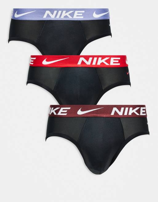 Nike Essential Microfiber 3 pack hip briefs in black with colored waistband in brown / red / lilac