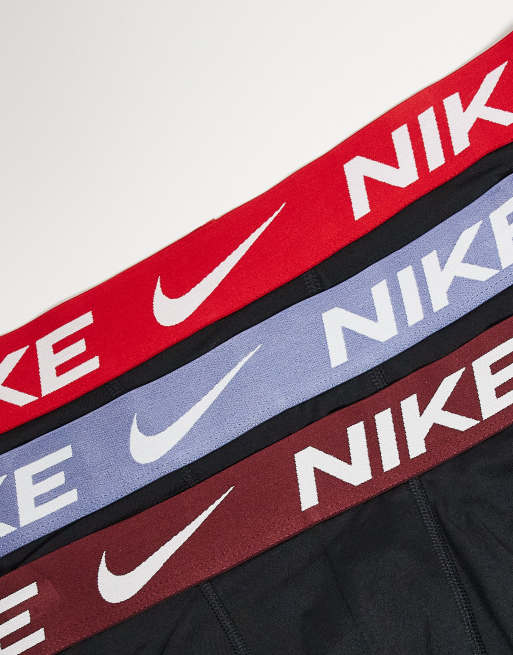 Nike Essential Microfibre 3 pack boxer brief in black with coloured waistband in lilac / red / brown, 2 of 3