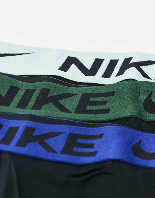 Nike Essential Microfibre 3 pack boxer briefs in black with colored waistbands in green / blue / mint, 2 of 3