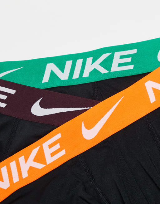 Nike Essential Microfibre 3 pack briefs with colored waistbands in orange/burgundy/green