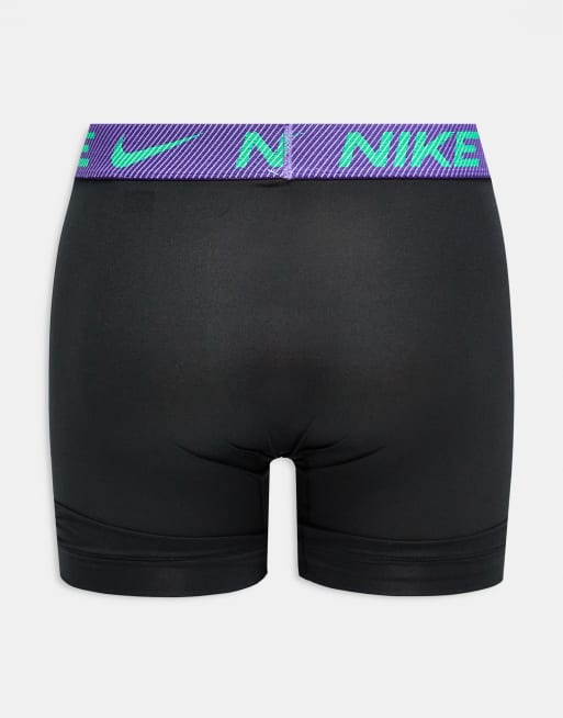 Nike Essential Microfibre 3 pack long boxer briefs in black with coloured waistband in black/blue/green, 2 of 3