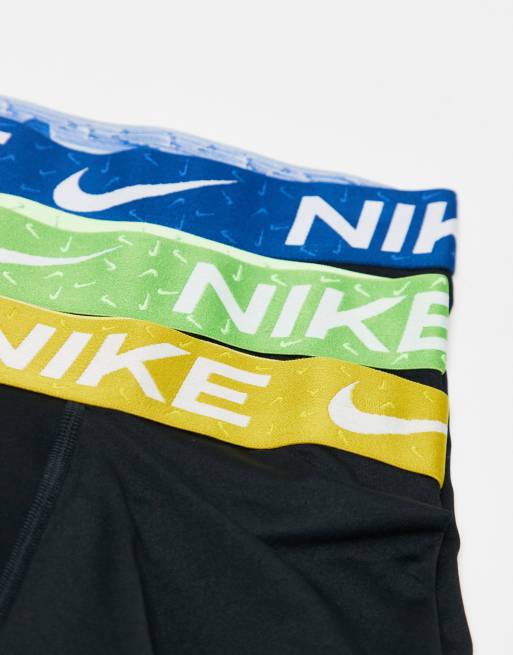 Nike Essential Microfibre 3 pack of boxer briefs in black with yellow/green/blue waistbands, 3 of 4