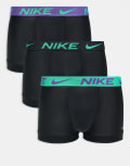 [Nike] Nike Essential Microfibre 3 pack trunks in black with coloured waistband in khaki/purple/green S BLACK - GREEN SHOCK