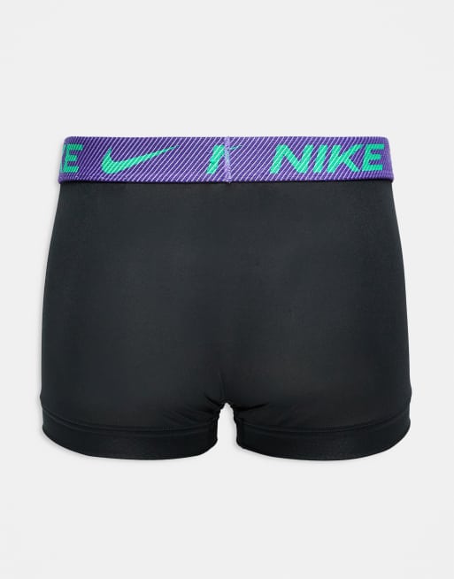 Nike Essential Microfibre 3 pack trunks in black with coloured waistband in khaki/purple/green, 2 of 3