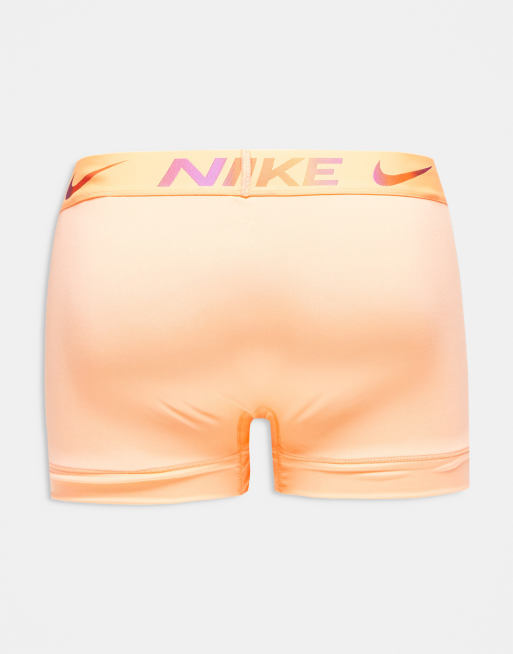 Nike Essential Microfibre 3 pack trunks in burgundy/pink/orange with gradient waistbands, 2 of 3