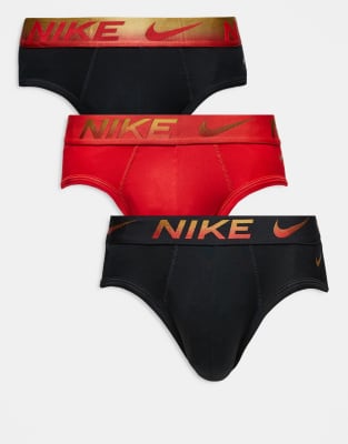 Nike - Essential Microfibre - Lot de 3 slips taille basse avec taille colorée - Noir/rouge