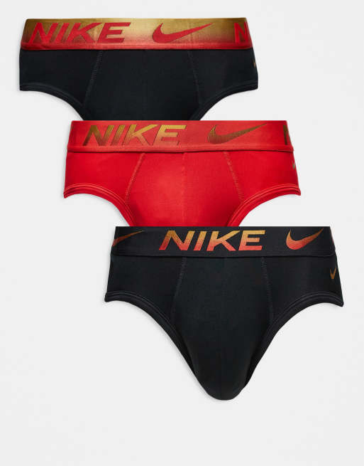 Nike - Essential Microfibre - Lot de 3 slips taille basse avec taille colorée - Noir/rouge 