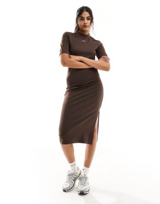 Shop Nike Essential Midi Dress In Brown