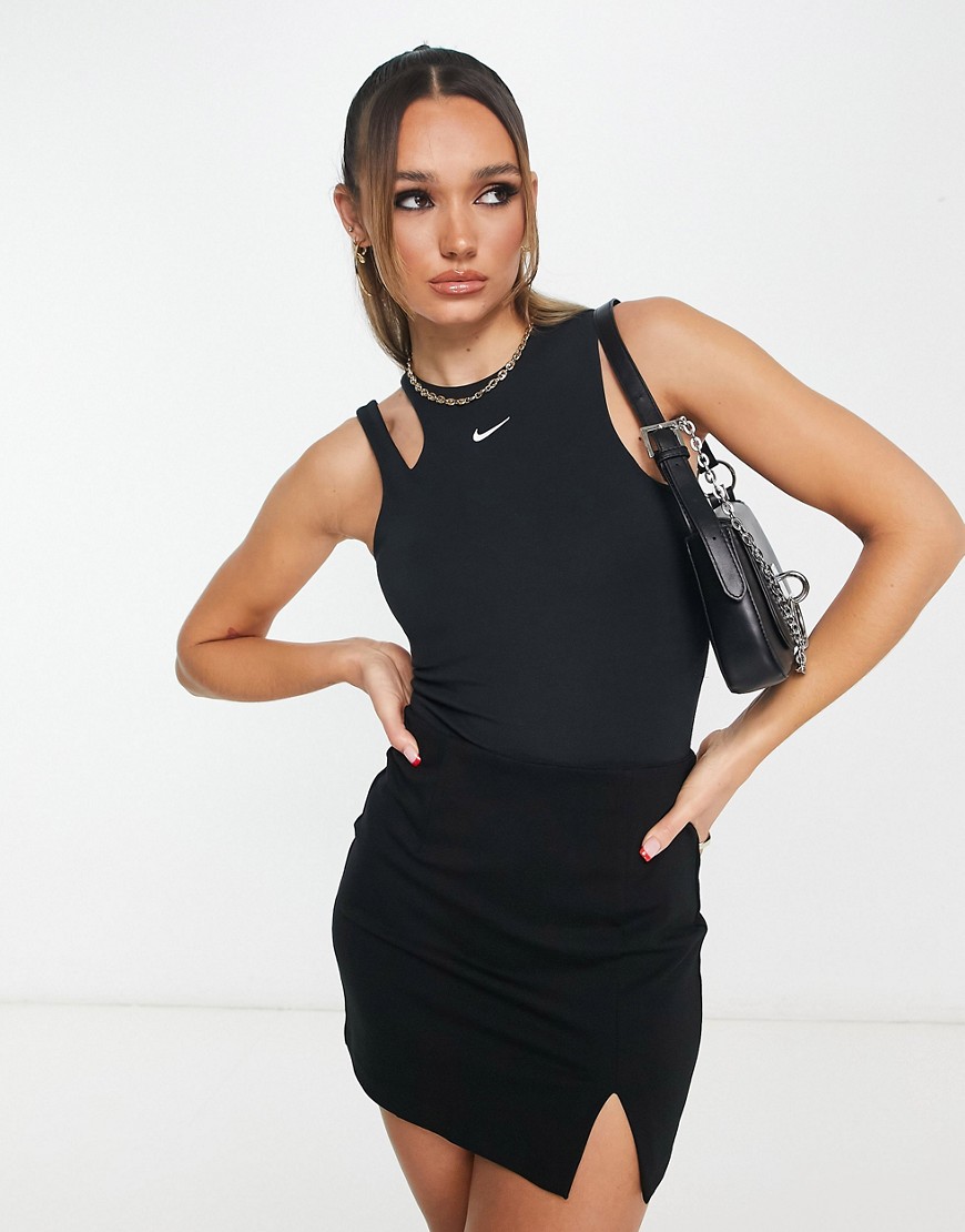 Nike Essential mini swoosh cut out bodysuit in black