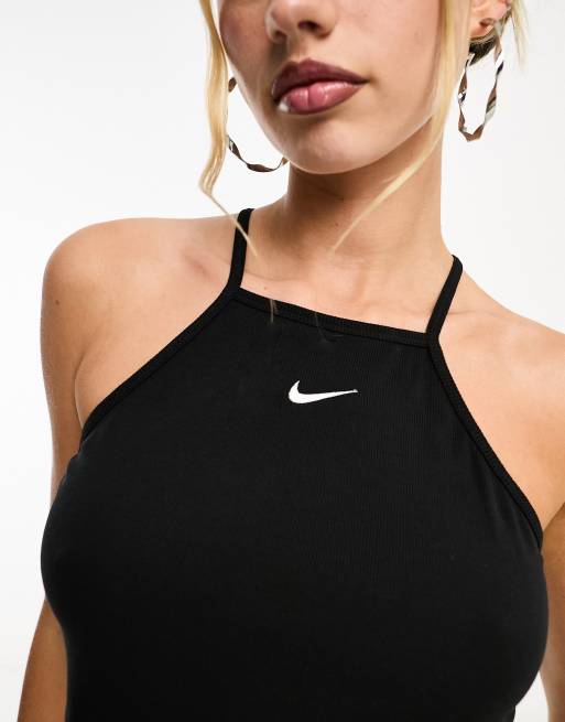 Nike Essential mini swoosh ribbed cropped cami in black