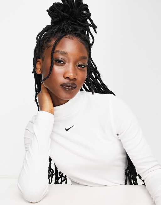 Nike Essential mini swoosh rib mock long sleeve top in white | ASOS