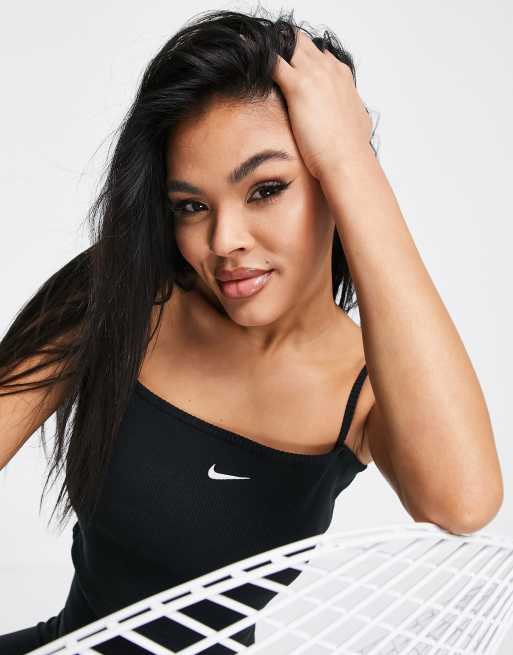 Nike Essential mini swoosh ribbed cropped cami in  black