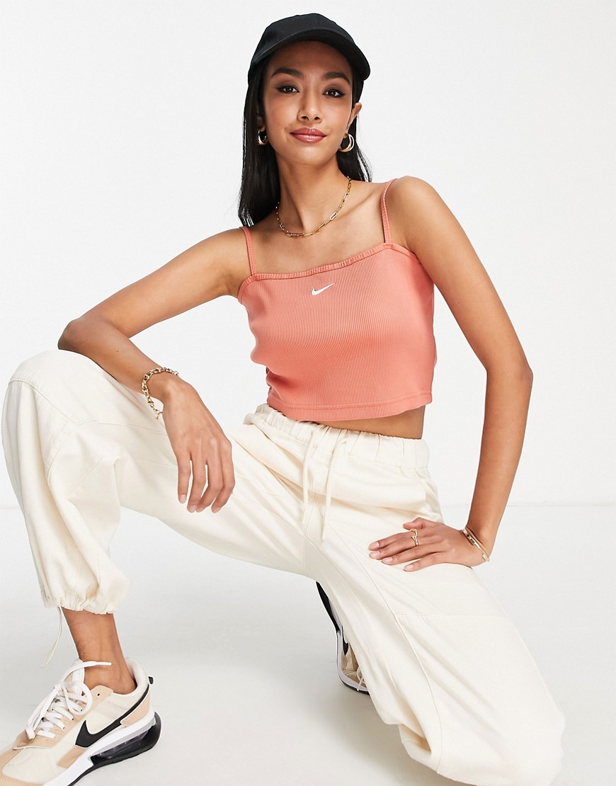 Nike Essential mini swoosh ribbed cropped cami in madder root-Brown