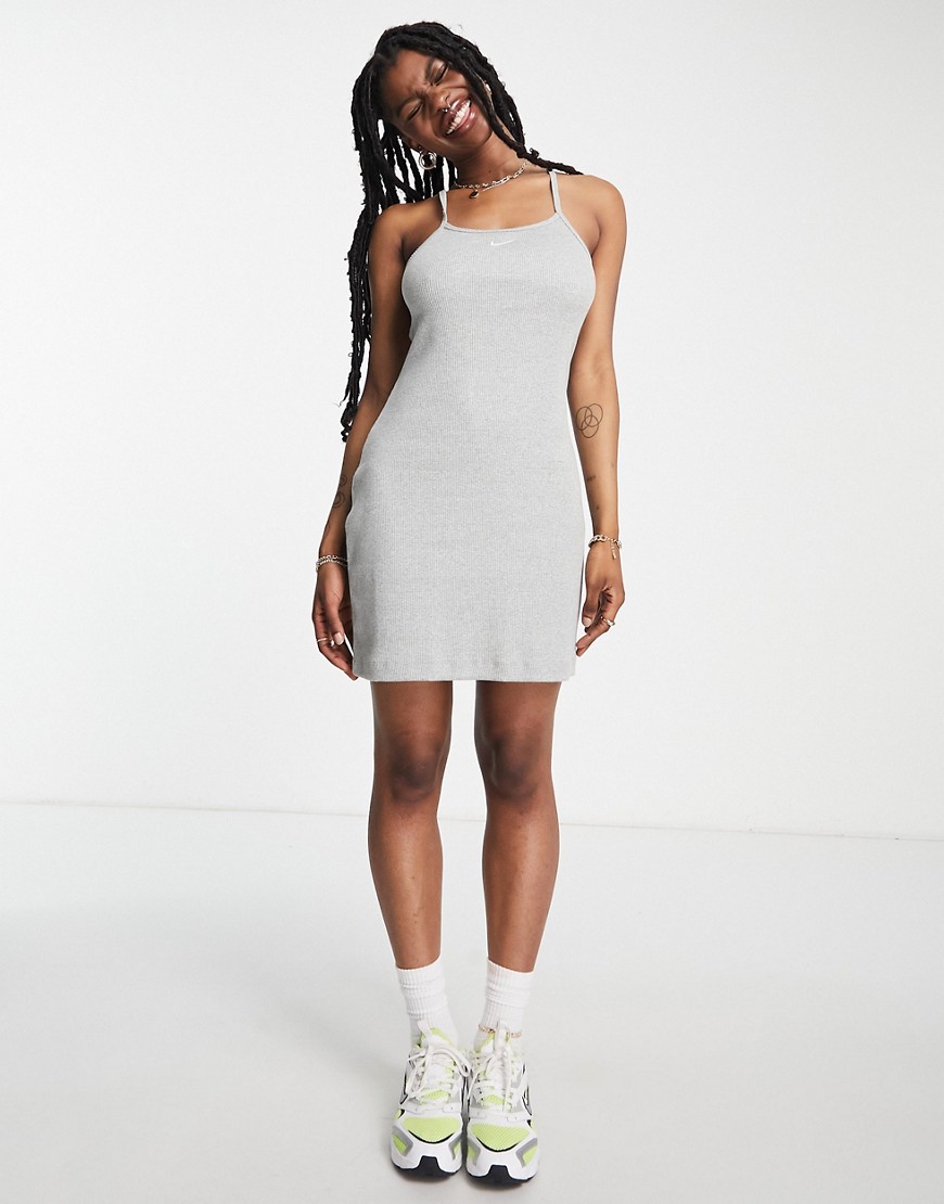 Nike Essential mini swoosh ribbed dress in grey heather