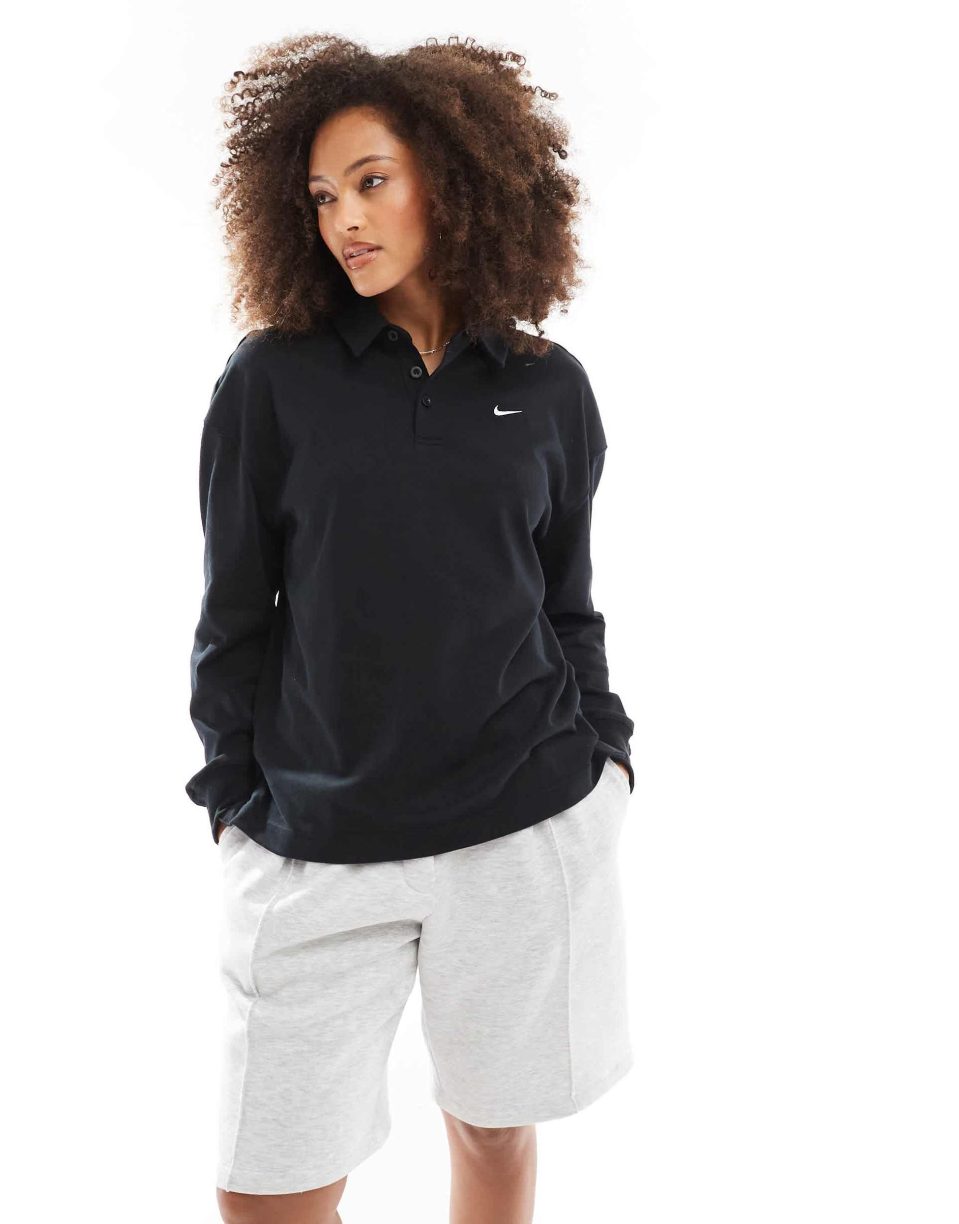 nike essential oversized long sleeve polo in black