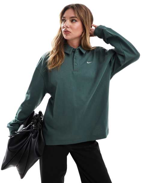 Nike Essential oversized long sleeve polo in dark green - view 1