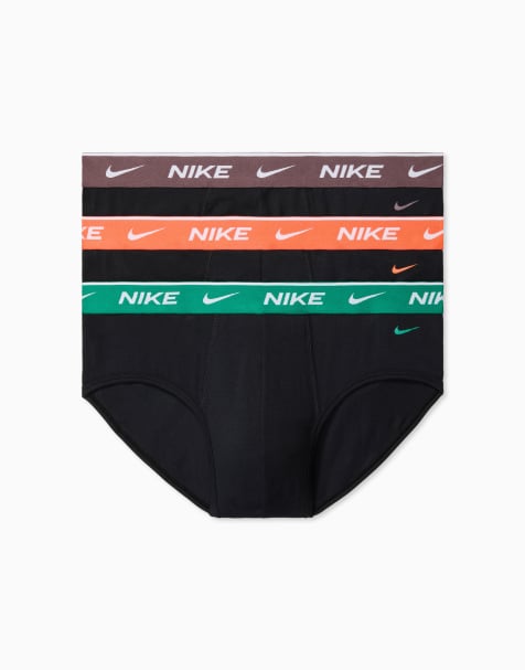 Nike - Essential - Pakke med 3 par sorte briefs i bomuld med grønt/orange/brunt taljebånd - view 1