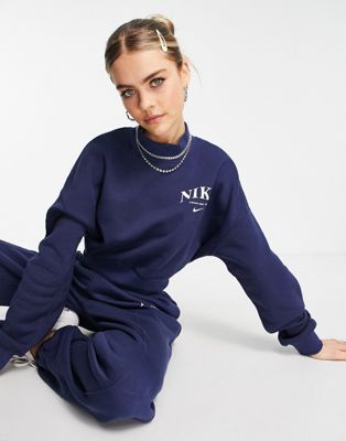 Nike Essential retro fleece cropped high neck sweatshirt in midnight navy - ASOS Price Checker