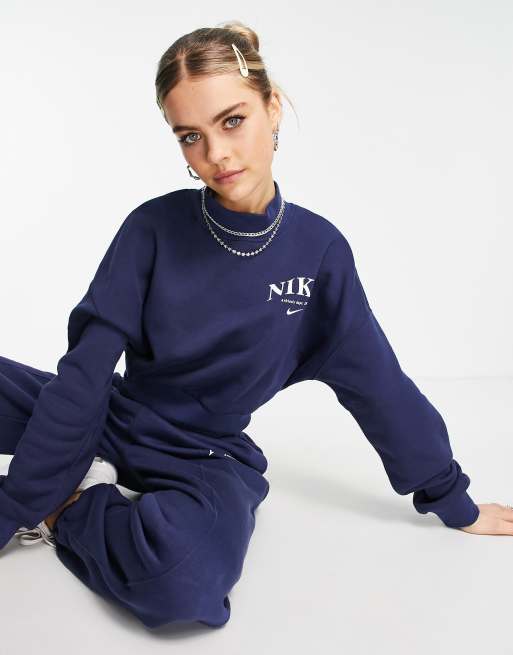 Nike Essential retro fleece cropped high neck sweatshirt in midnight