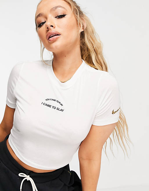 Nike essential slim cropped t-shirt in white with slay print