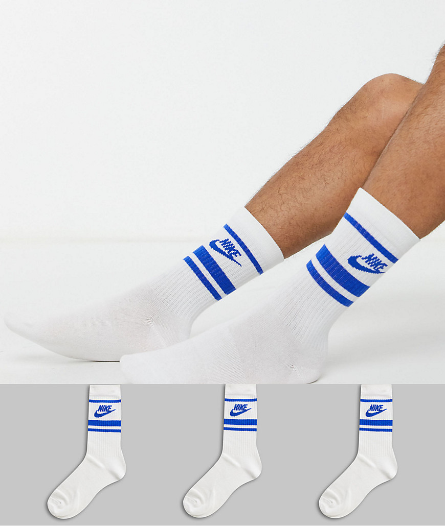 Nike Essential stripe 3 pack socks in white with blue logo