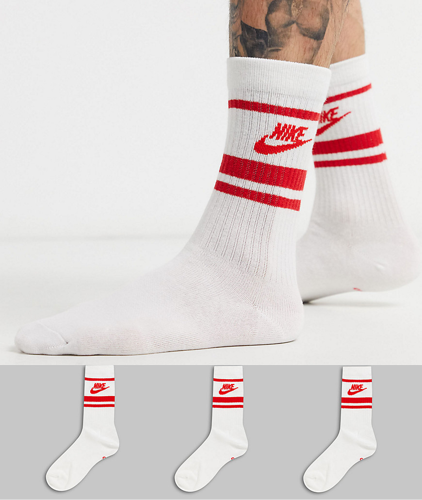 Nike Essential stripe 3 pack socks in white with red logo