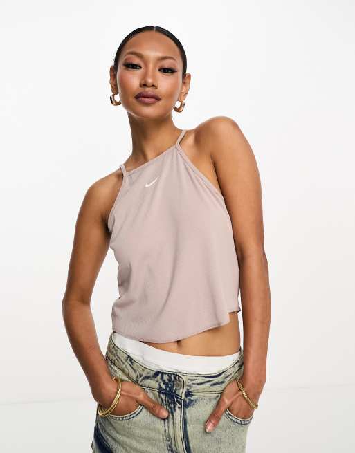 Nike - Essential - Top senza maniche color talpa a coste con logo piccolo