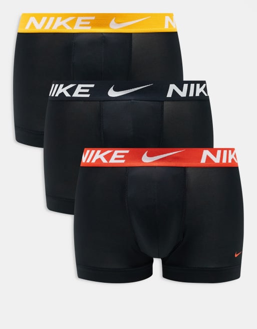 Nike – Essential – Trunks i mikrofiber med färgade midjeband i svart, rött och guldton, 3-pack