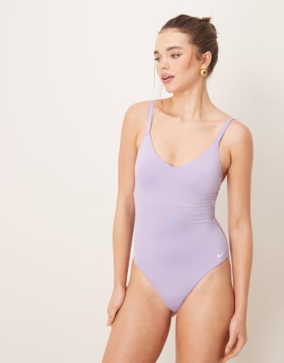 Nike Essential v neck one piece swimsuit in purple