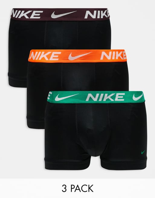 Nike – Essential – Zestaw 3 par bokserek z mikrofibry z taśmą w talii w kolorach pomarańczowym, bordowym i zielonym