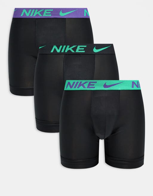 Nike – Essential – Zestaw 3 par czarnych długich bokserek z mikrofibry z taśmą w talii w kolorze czarnym, niebieskim i zielonym
