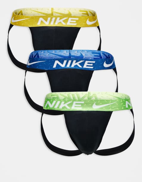 Nike – Essential – Zestaw 3 par czarnych slipów typu jockstrap z mikrofibry z taśmą w talii w kolorach niebieskim, zielonym i żółtym - view 1