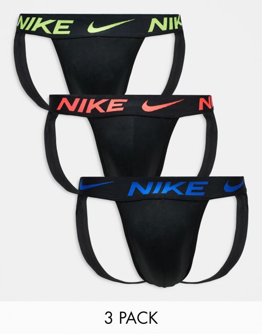 Nike Essential – Zestaw 3 par czarnych slipów typu jockstrap z taśmą w talii w różnych kolorach 