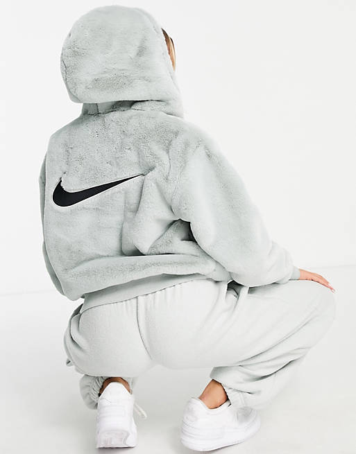 Nike Essentials faux fur hooded jacket in gray