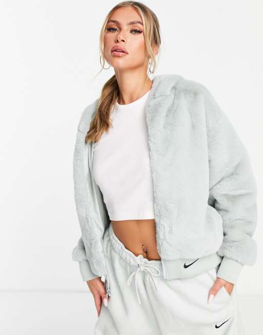 Nike Essentials faux fur hooded jacket in gray