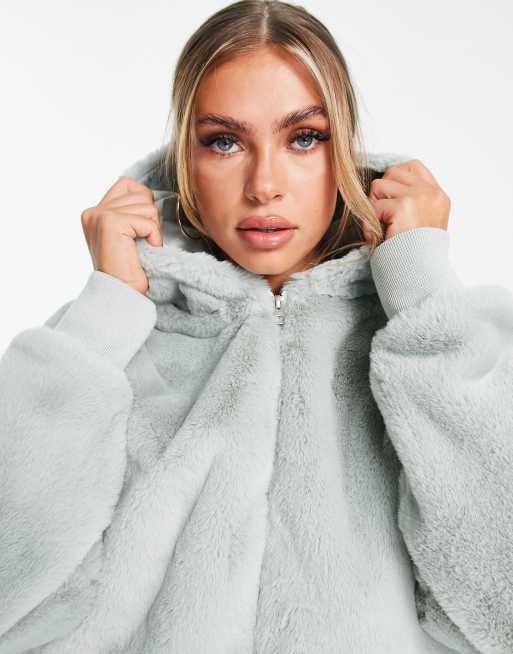 Nike Essentials faux fur hooded jacket in gray