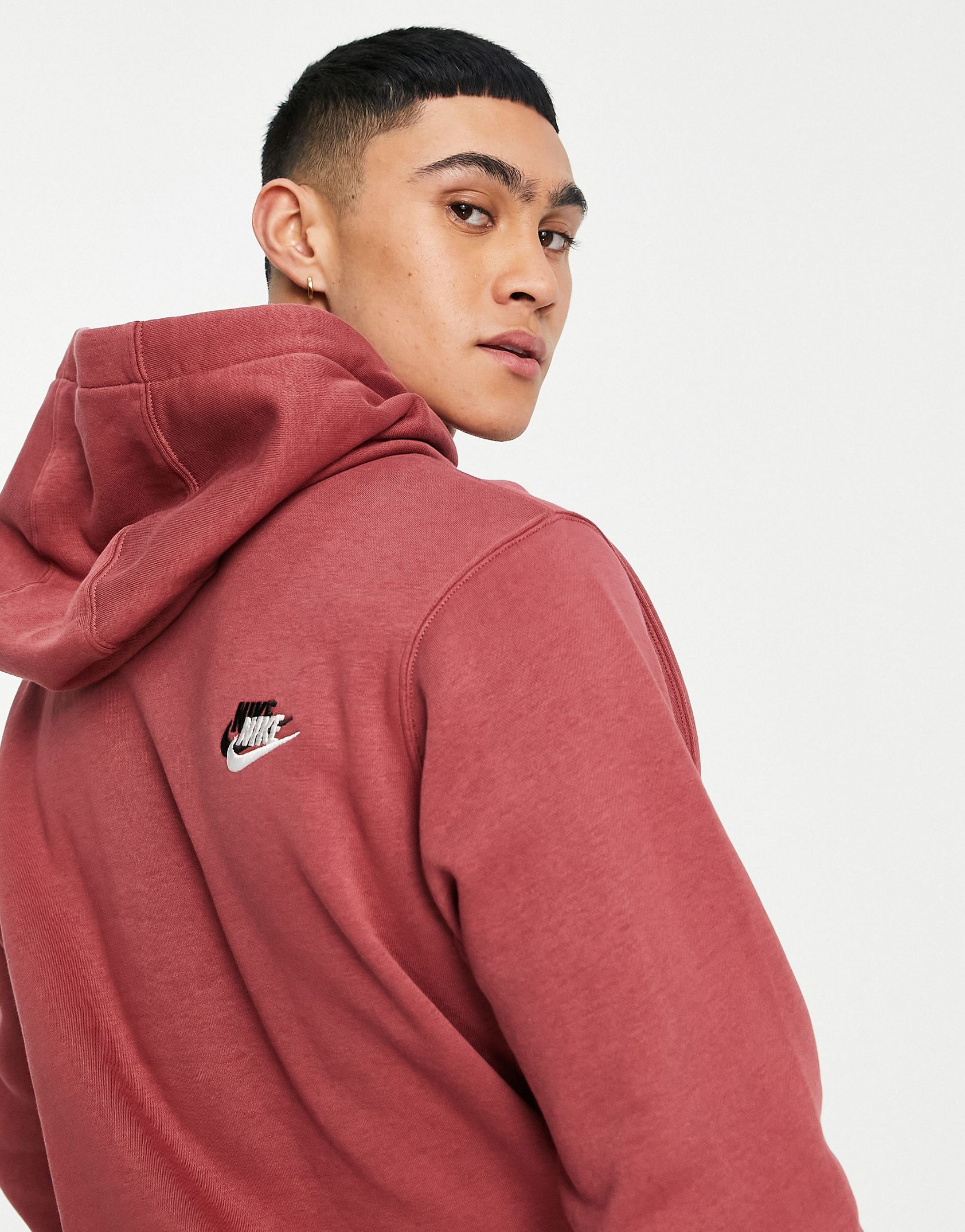Nike Essential fleece multi logo hoodie in cedar