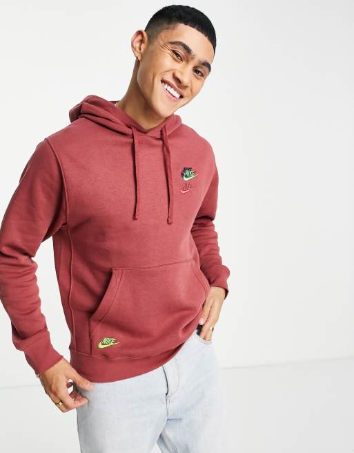 Nike - Essentials - Rødbrun hættetrøje med multifarvet logo i fleece