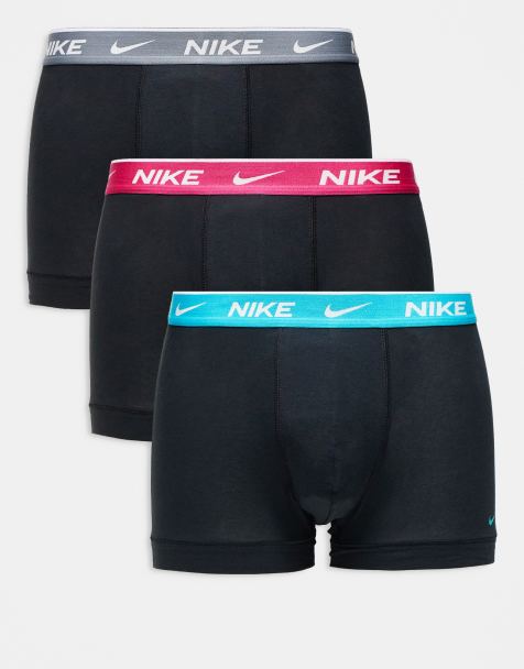 Nike – Everyday – 3er-Pack Trunk-Unterhosen aus Baumwoll-Stretch in Schwarz mit farbigem Bund in Grau / Rosa / Blau - view 1