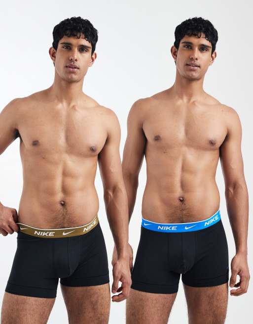 Nike Everyday Cotton Stretch 2 pack briefs in black with colored waistband in olive / blue