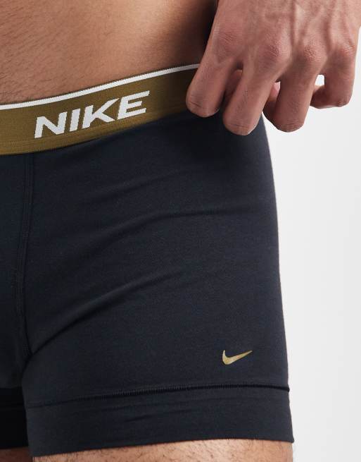 Nike Everyday Cotton Stretch 2 pack trunks in black with coloured waistband in olive / blue, 3 of 3