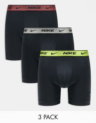 Nike Nike Everyday Cotton Stretch 3 pack boxer brief with coloured waistbands in yellow/grey/brown-Black