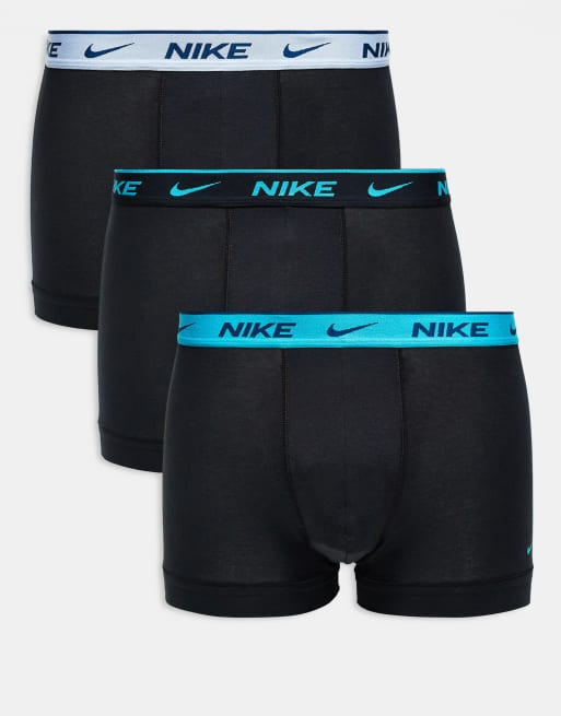 Nike Everyday Cotton Stretch 3 pack boxer briefs in blue with colored waistbands in black / blue / light blue