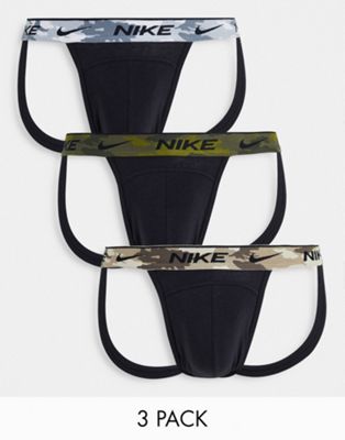 Nike Everyday Cotton Stretch 3 pack jockstrap in black with camo waistband | ASOS