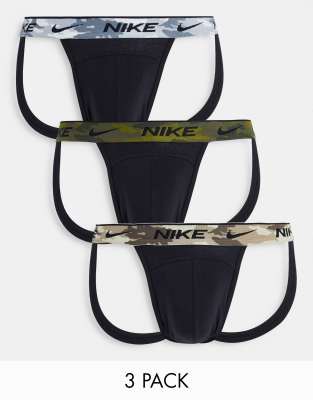 Nike Everyday Cotton Stretch 3 pack jockstrap in black with camo waistband | ASOS