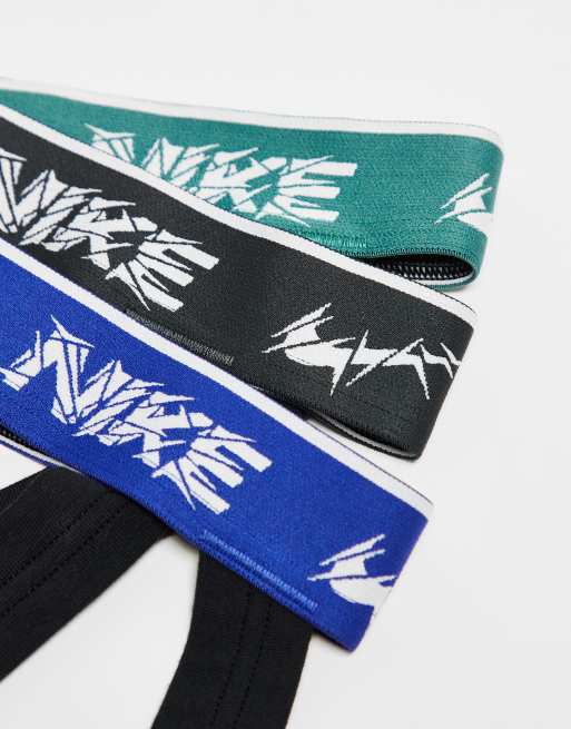 Nike Everyday Cotton Stretch 3 pack jockstraps in black with coloured waistband in grey / blue /green