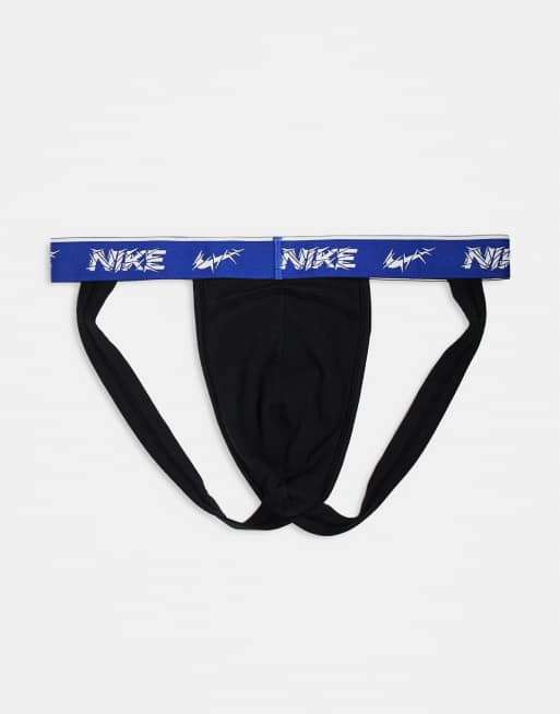 Nike Everyday Cotton Stretch 3 pack jockstraps in black with coloured waistband in grey / blue /green