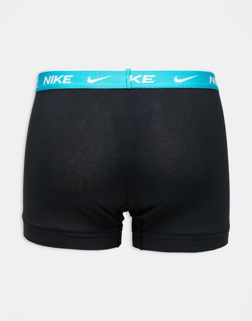 Nike Everyday Cotton Stretch 3 pack trunk in black with coloured waistband in grey / pink / blue , 2 of 3
