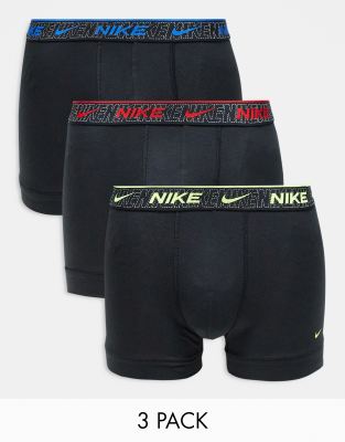 Nike Nike Everyday Cotton Stretch 3 pack trunk with coloured waistband in black