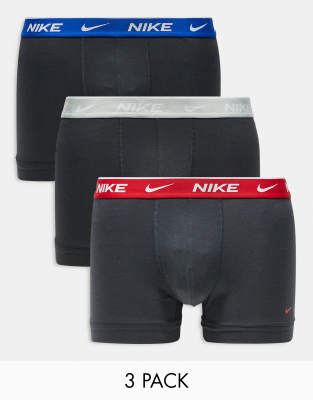 Nike Nike Everyday Cotton Stretch 3 pack trunk with coloured waistband in blue/grey/red-Multi